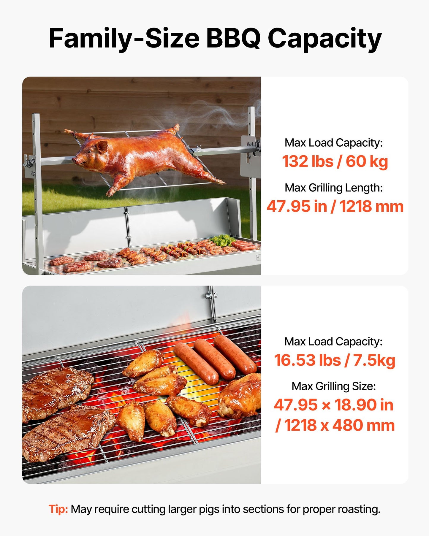 Rotisserie Grill, 38W BBQ Outdoor Pig & Lamb Spit Roaster, Charcoal Spit Roaster with 60 kg Capacity, Wheels & 4-Level Height, Stainless Steel Electric Rotisserie Grill Kit for Camping Outdoor