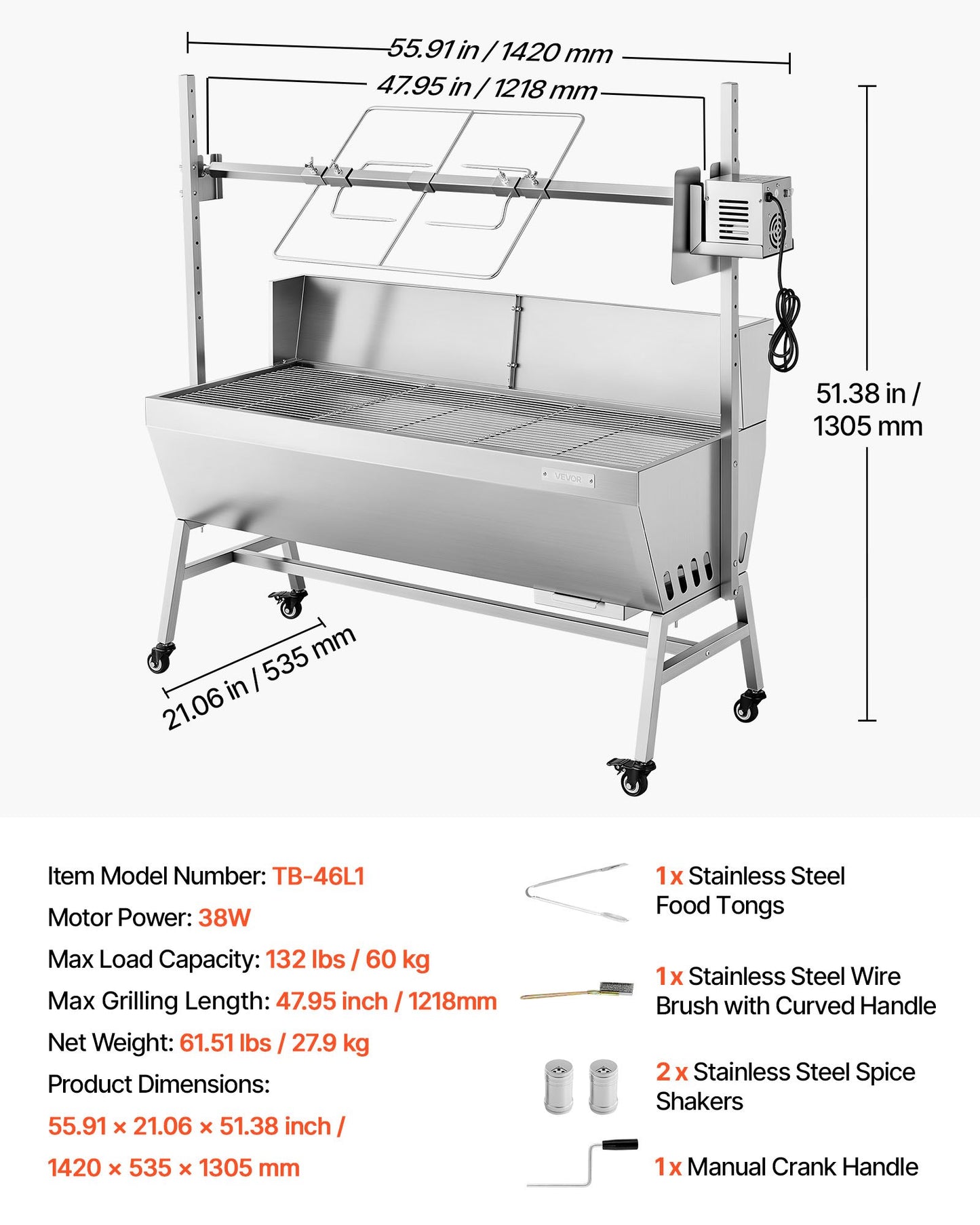 Rotisserie Grill, 38W BBQ Outdoor Pig & Lamb Spit Roaster, Charcoal Spit Roaster with 60 kg Capacity, Wheels & 4-Level Height, Stainless Steel Electric Rotisserie Grill Kit for Camping Outdoor