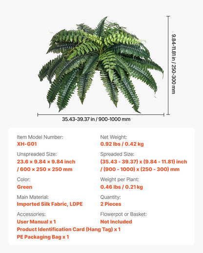 Konstgjorda ormbunkar 2 st, naturlig spridning diameter 35-39 tum, stora hängande konstgjorda Boston-ormbunkar, konstgjord växt väggdekoration med 35 grenar, konstgjord ormbunke för hem och kontor (blomkruka ingår ej)