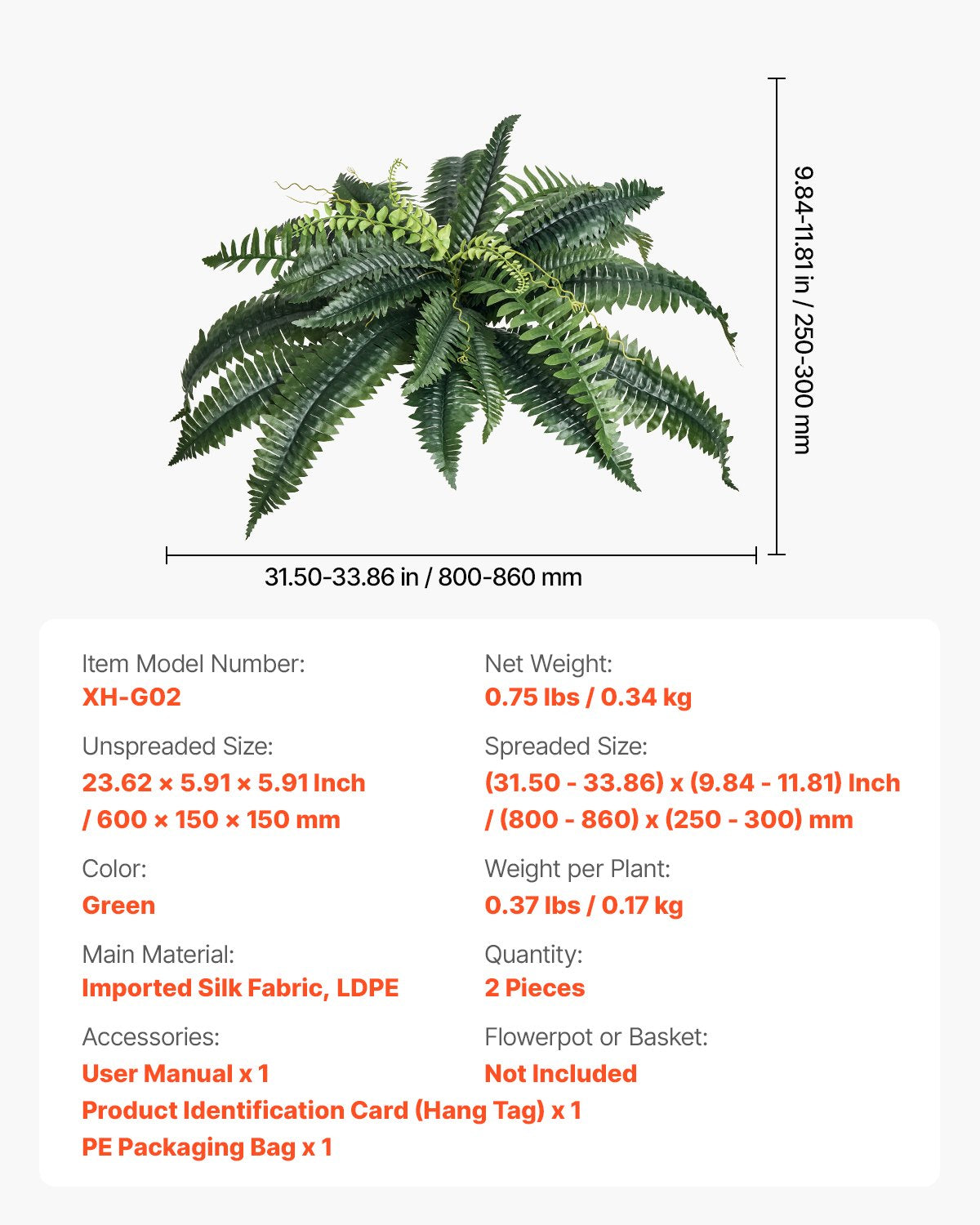 Konstgjorda ormbunkar 2 st, naturlig spridning diameter 31-34 tum, stora hängande konstgjorda Boston-ormbunkar, konstgjord växt väggdekoration med 30 grenar, konstgjord ormbunke för hem och kontor (blomkruka ingår ej)