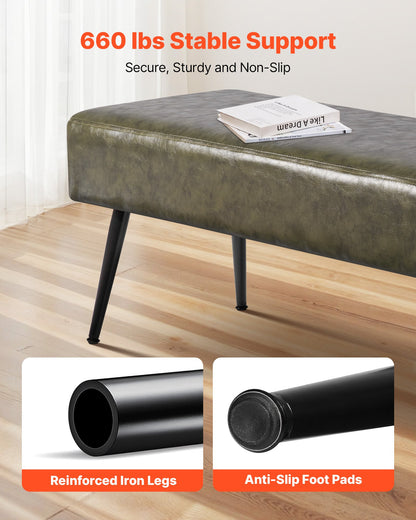 Leather Bedroom Bench, PU Leather Bench with Metal Legs and with Stitching for Entryway, Upholstered Shoe Bench Seat, Modern End of the Bed Benches for Living Room, Dining Room, Hallway, Green