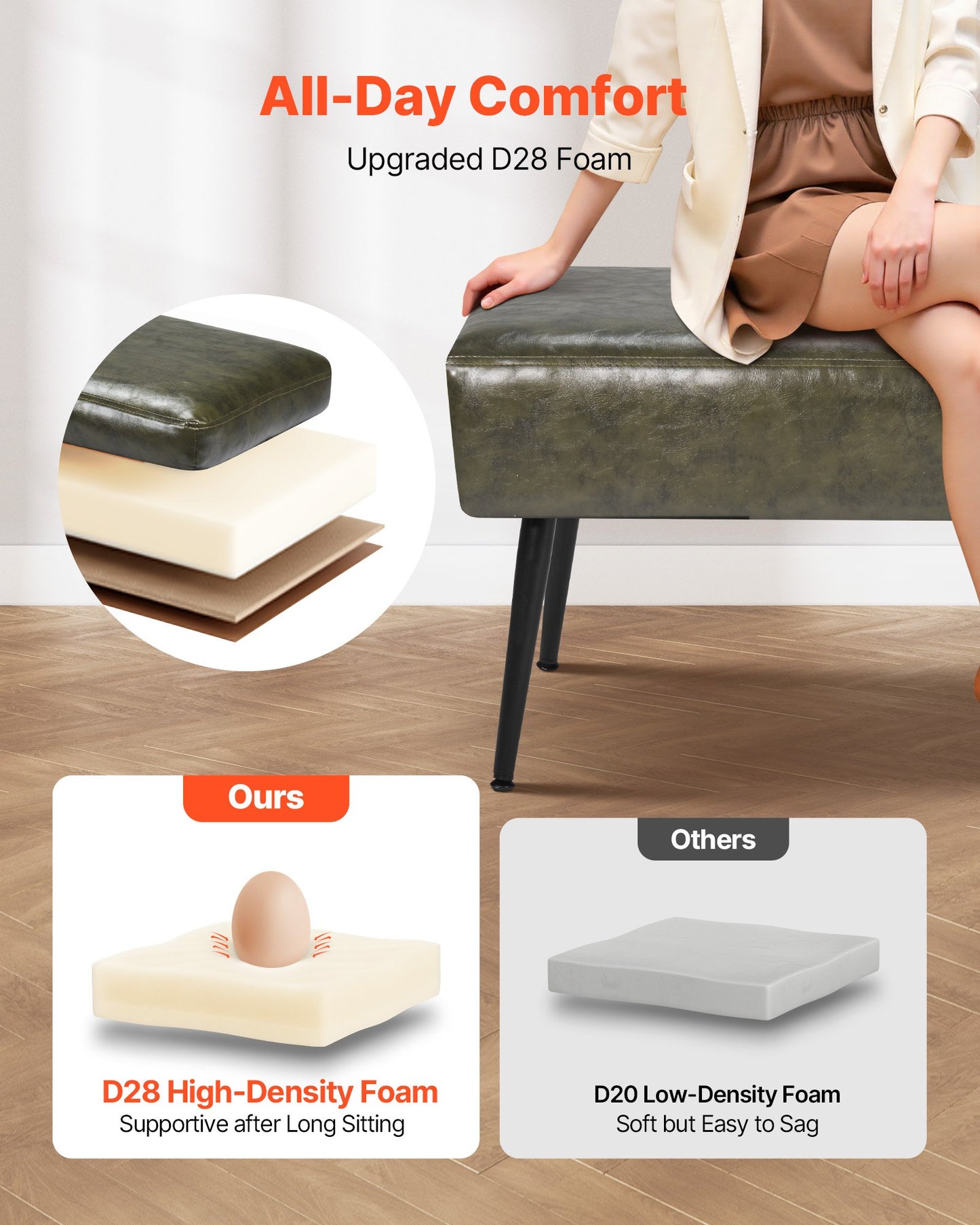 Leather Bedroom Bench, PU Leather Bench with Metal Legs and with Stitching for Entryway, Upholstered Shoe Bench Seat, Modern End of the Bed Benches for Living Room, Dining Room, Hallway, Green