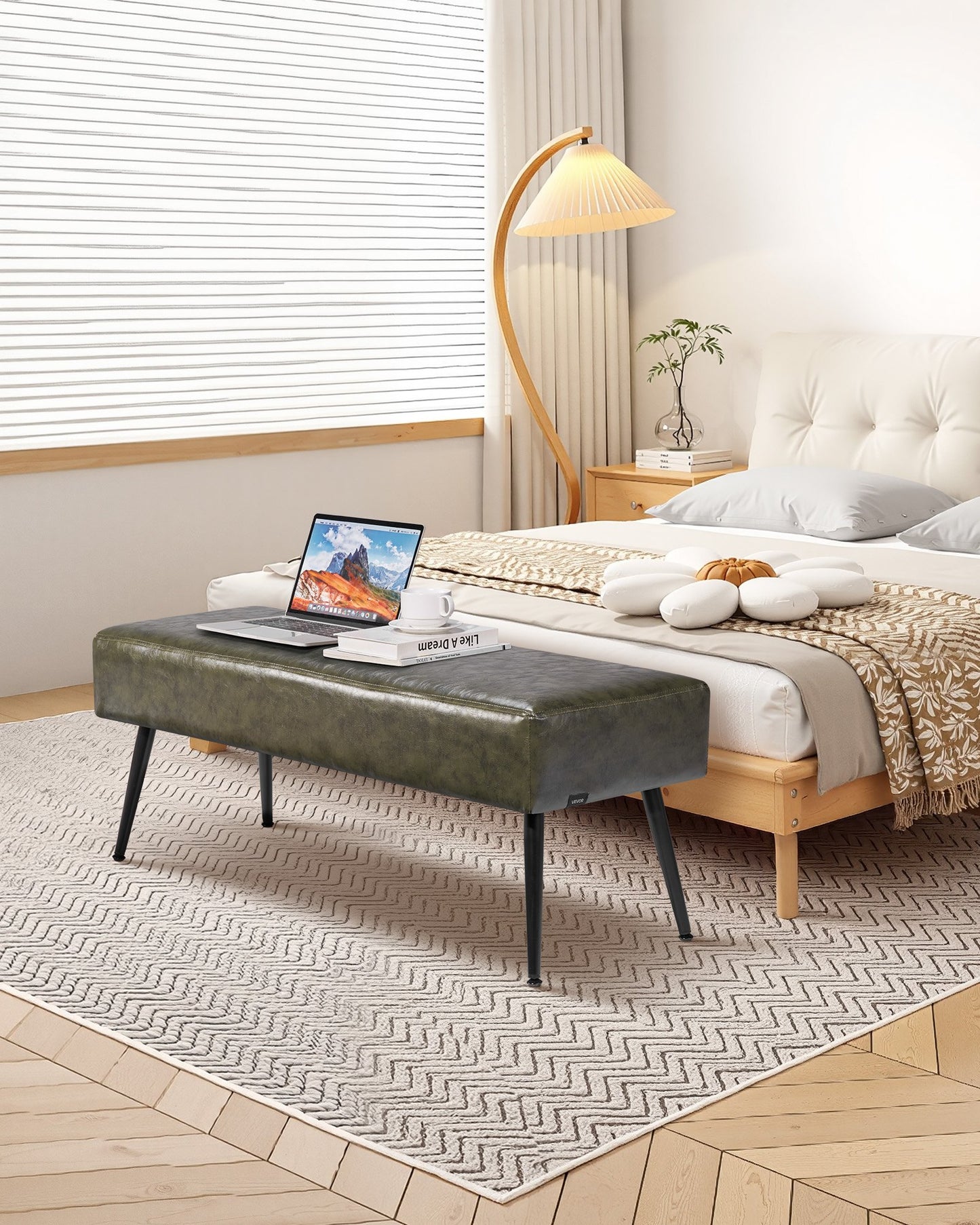 Leather Bedroom Bench, PU Leather Bench with Metal Legs and with Stitching for Entryway, Upholstered Shoe Bench Seat, Modern End of the Bed Benches for Living Room, Dining Room, Hallway, Green