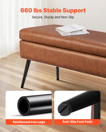 Leather Storage Ottoman Bench, PU Leather Bench with Storage and Metal Legs, Upholstered Shoe Benches Seat for Entryway, Modern End of Bed Benches for Living Room, Dining Room, Hallway, Brown