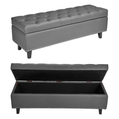 Button-Tufted Storage Ottoman Bench, PU Leather Bench with Storage and Solid Wood Legs, Modern Shoe Benches Seat for Entryway, Upholstered End of Bed Benches for Living Room, Dining Room, Gray