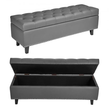 Button-Tufted Storage Ottoman Bench, PU Leather Bench with Storage and Solid Wood Legs, Modern Shoe Benches Seat for Entryway, Upholstered End of Bed Benches for Living Room, Dining Room, Gray