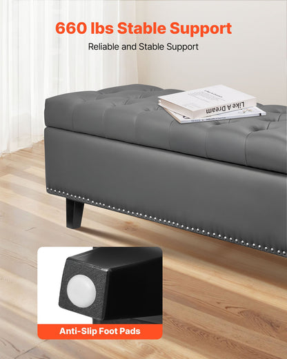 Button-Tufted Storage Ottoman Bench, PU Leather Bench with Storage and Solid Wood Legs, Modern Shoe Benches Seat for Entryway, Upholstered End of Bed Benches for Living Room, Dining Room, Gray