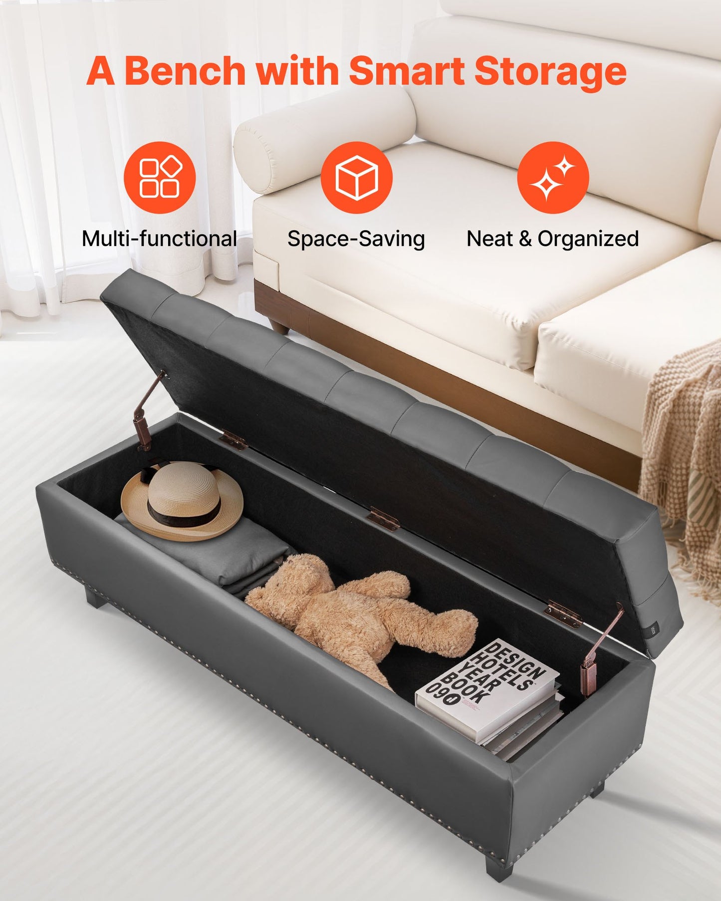 Button-Tufted Storage Ottoman Bench, PU Leather Bench with Storage and Solid Wood Legs, Modern Shoe Benches Seat for Entryway, Upholstered End of Bed Benches for Living Room, Dining Room, Gray