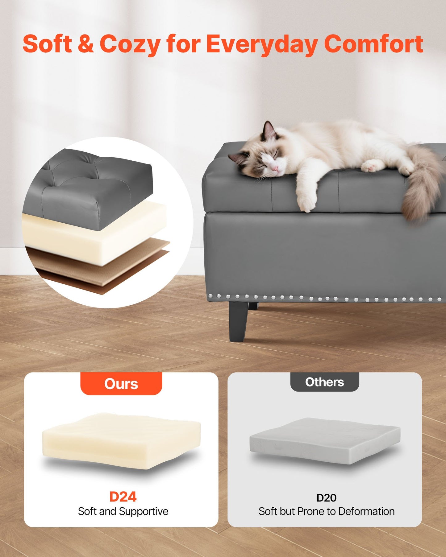 Button-Tufted Storage Ottoman Bench, PU Leather Bench with Storage and Solid Wood Legs, Modern Shoe Benches Seat for Entryway, Upholstered End of Bed Benches for Living Room, Dining Room, Gray