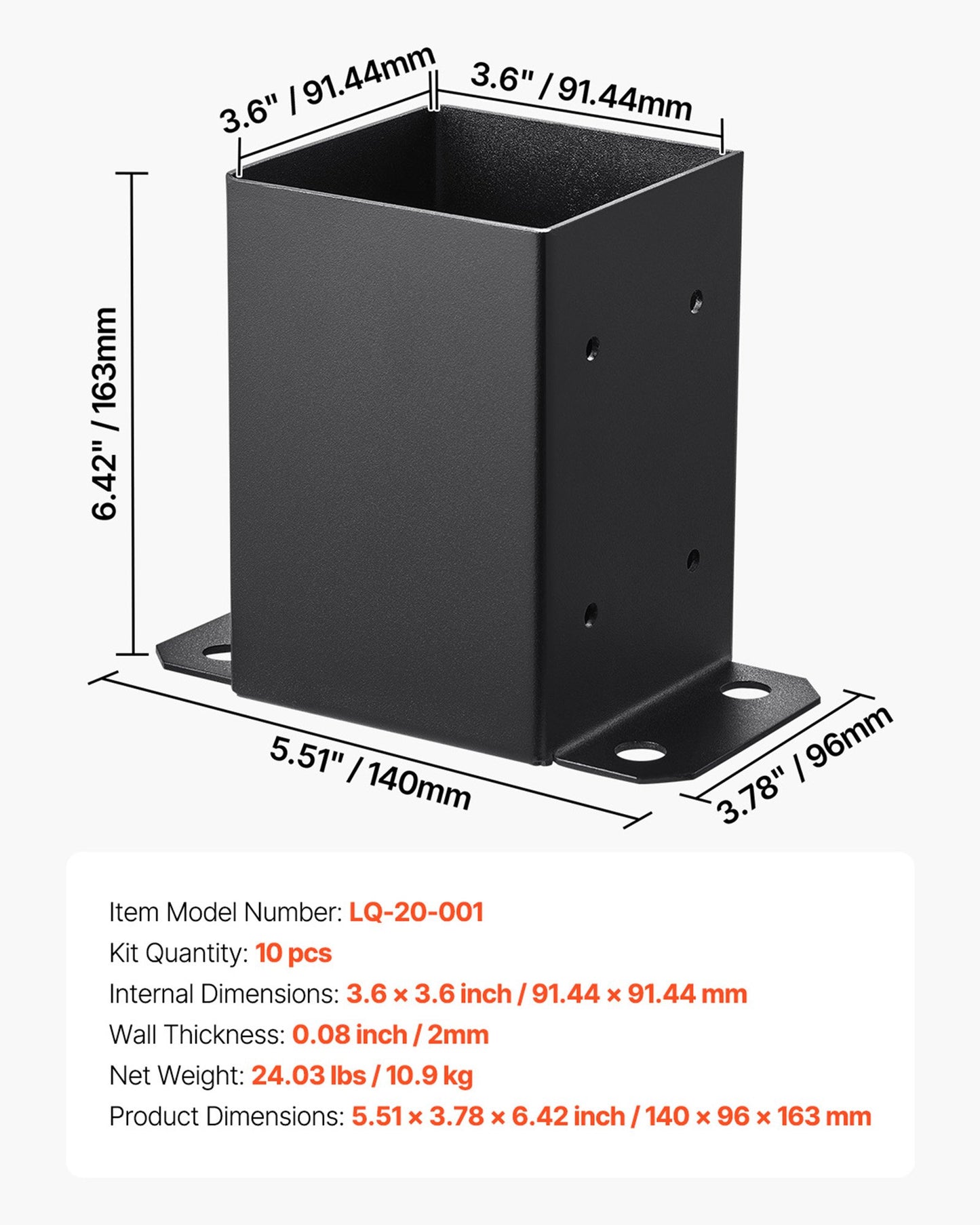 4x4 Post Base 10 Pcs, Inner Size 3.6x3.6 inch / 91.44x91.44 mm Post Brackets, Heavy Duty Carbon Steel Decking Posts, Wood Posts Brackets for Pavilion Deck Railing Support Deck Base Plate, Black