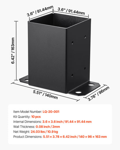 4x4 Post Base 10 Pcs, Inner Size 3.6x3.6 inch / 91.44x91.44 mm Post Brackets, Heavy Duty Carbon Steel Decking Posts, Wood Posts Brackets for Pavilion Deck Railing Support Deck Base Plate, Black