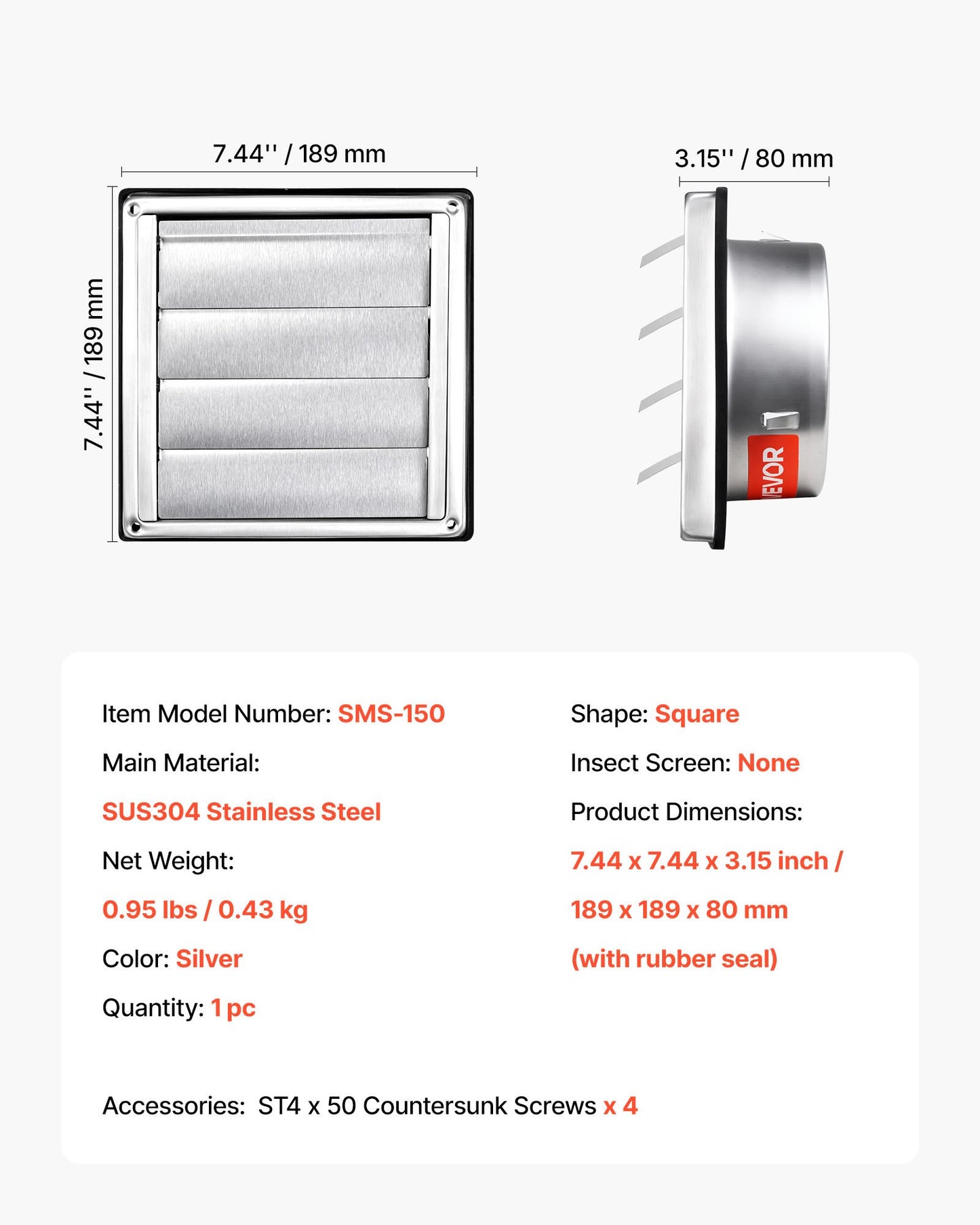 145 mm väggventilationsskydd, fyrkantigt lamellskydd för AC-ventilation, premium rostfritt stål och med ljuddämpande gummipackning, för hus, badrum, garage, kök, källare (1-pack, silver)