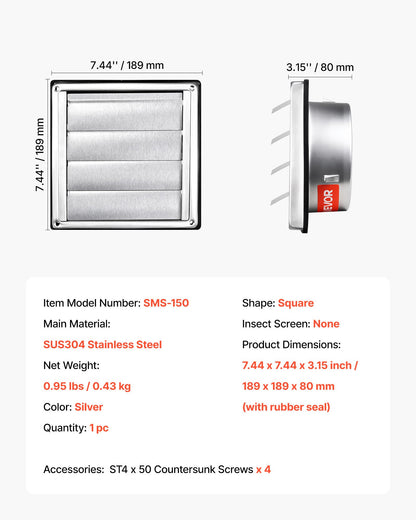 145 mm väggventilationsskydd, fyrkantigt lamellskydd för AC-ventilation, premium rostfritt stål och med ljuddämpande gummipackning, för hus, badrum, garage, kök, källare (1-pack, silver)