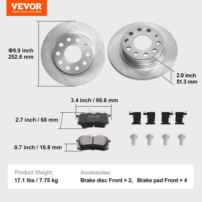 Bakre bromsskiva kompatibel med Audi A3 (8P), VW Golf 5 6, Seat LEON, SKODA OCTAVIA, ALTEA, bromsskivor, utbytessats för keramiska bromsbelägg, 253 mm bakre bromsskivor