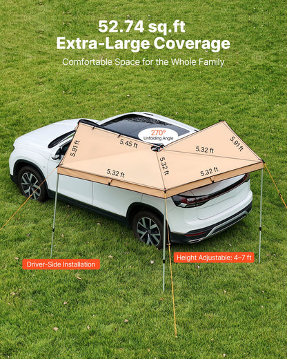270 Degree Awning, 4.9 ㎡ Driver Side Vehicle Awning, Waterproof UV50+ Car Side Awnings with Carry Bag, All-Weather Free-Standing Overland Awnings Car Shelter for SUV Van Truck Camping