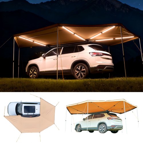 270 Degree Awning with Bulit-in LED Lights, 10.9 ㎡ Driver Side Vehicle Awning, Waterproof UV50+ Car Side Awnings, All-Weather Free-Standing Overland Awnings Car Shelter for SUV Truck Camping