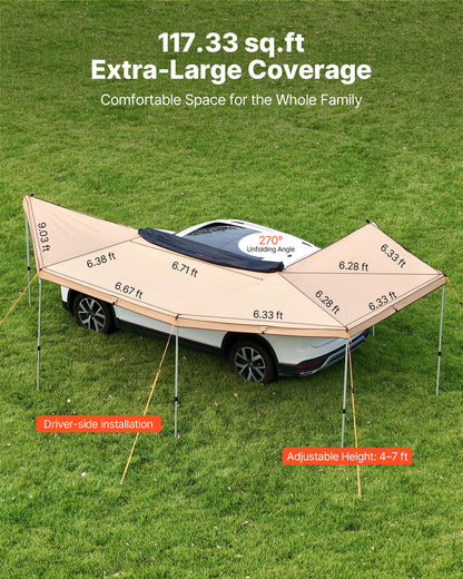 270 Degree Awning with Bulit-in LED Lights, 10.9 ㎡ Driver Side Vehicle Awning, Waterproof UV50+ Car Side Awnings, All-Weather Free-Standing Overland Awnings Car Shelter for SUV Truck Camping