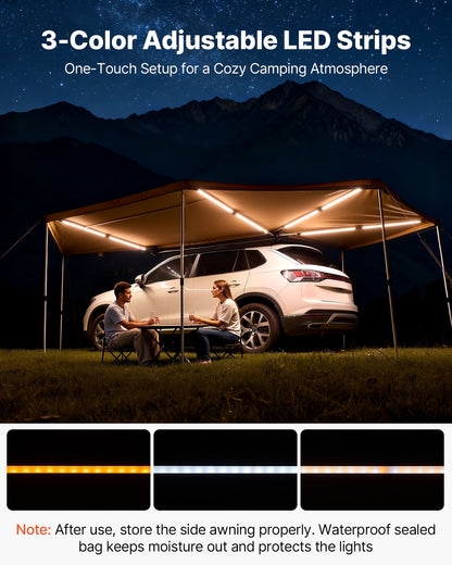270 Degree Awning with Bulit-in LED Lights, 10.9 ㎡ Driver Side Vehicle Awning, Waterproof UV50+ Car Side Awnings, All-Weather Free-Standing Overland Awnings Car Shelter for SUV Truck Camping