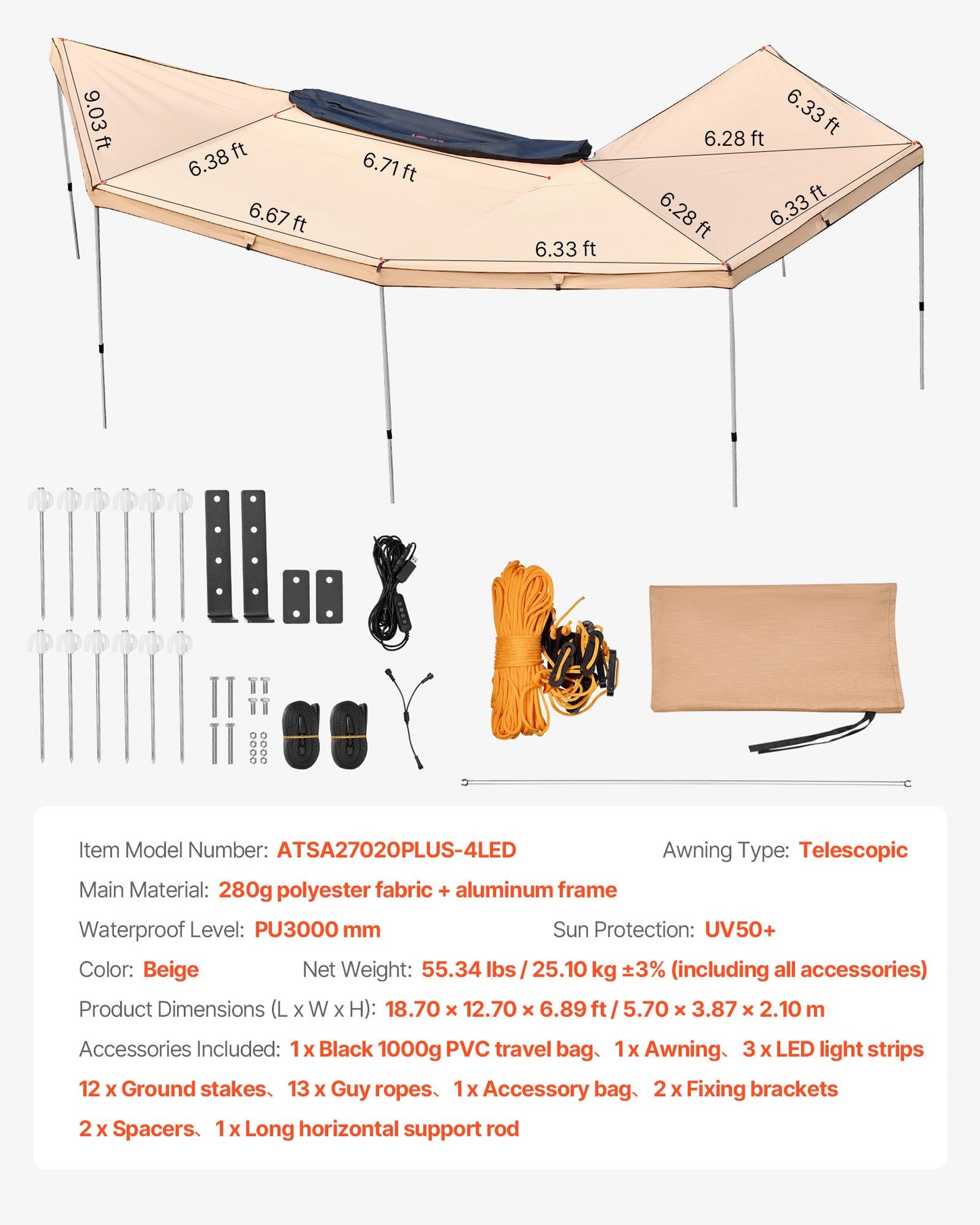 270 Degree Awning with Bulit-in LED Lights, 10.9 ㎡ Driver Side Vehicle Awning, Waterproof UV50+ Car Side Awnings, All-Weather Free-Standing Overland Awnings Car Shelter for SUV Truck Camping