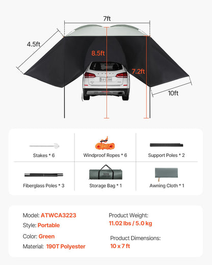 Fordonsmarkis, stor 10' x 7' skuggtäckande sidomarkis för bil, PU2000mm UV50+ bilmarkis med förlängda sidotak och bärbar förvaringsväska, lämplig för lastbil, SUV, skåpbil, husbilar