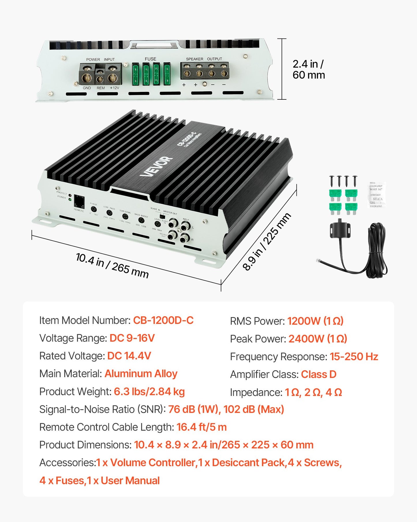 Monoblock Car Amplifier, 1200W RMS MAX, 1/2/4 Ohm Stable, 1-Channel Class D Car Audio Amplifier with Remote Subwoofer Level Control, Low Pass Filter, Bass Boost & Phase Shift, Volume Controller