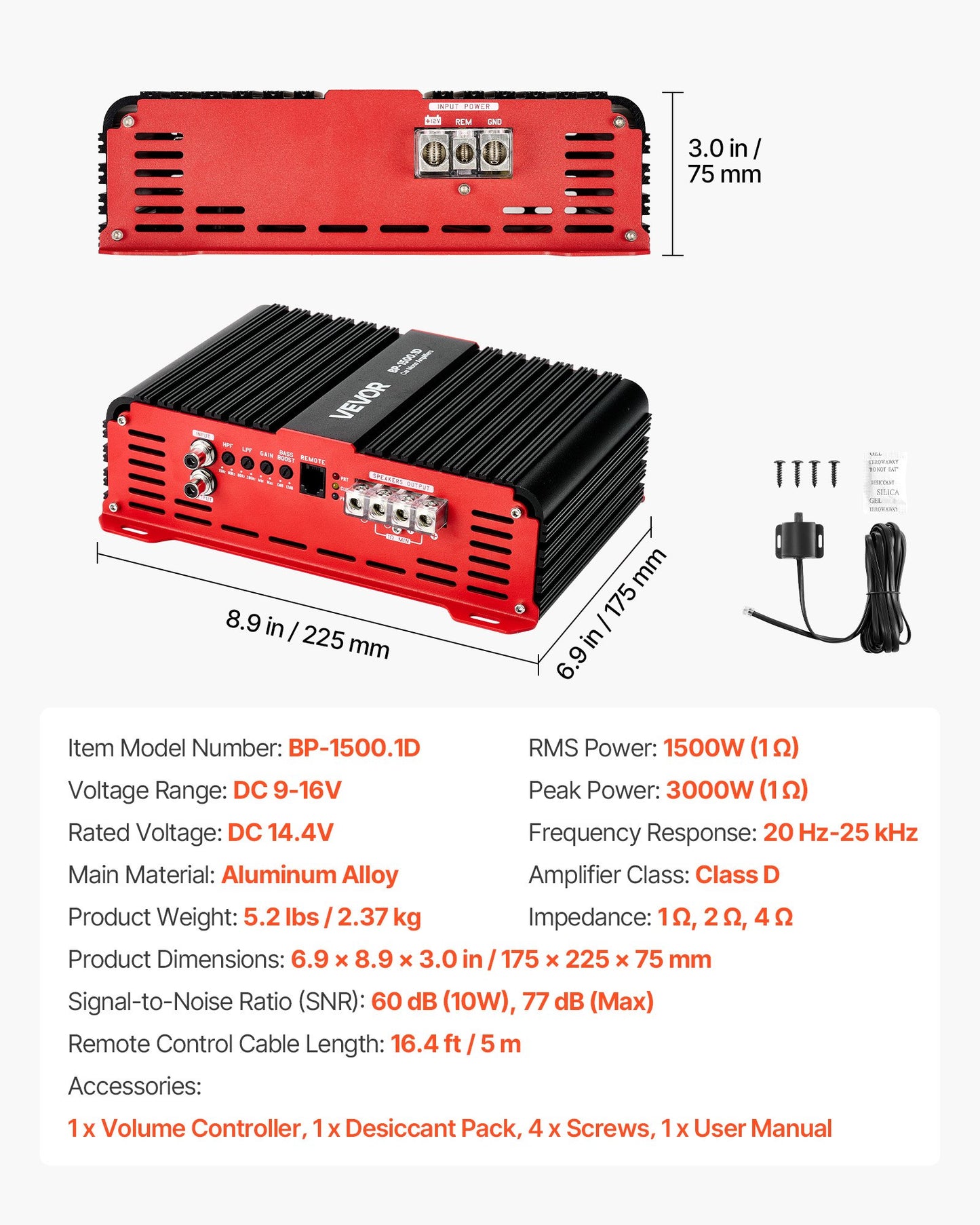 Monoblock Car Amplifier, 1500W RMS MAX, 1/2/4 Ohm Stable, 1-Channel Class D Car Audio Amplifier with Remote Subwoofer Level Control, Low Pass Filter and Bass Boost, Volume Controller Included