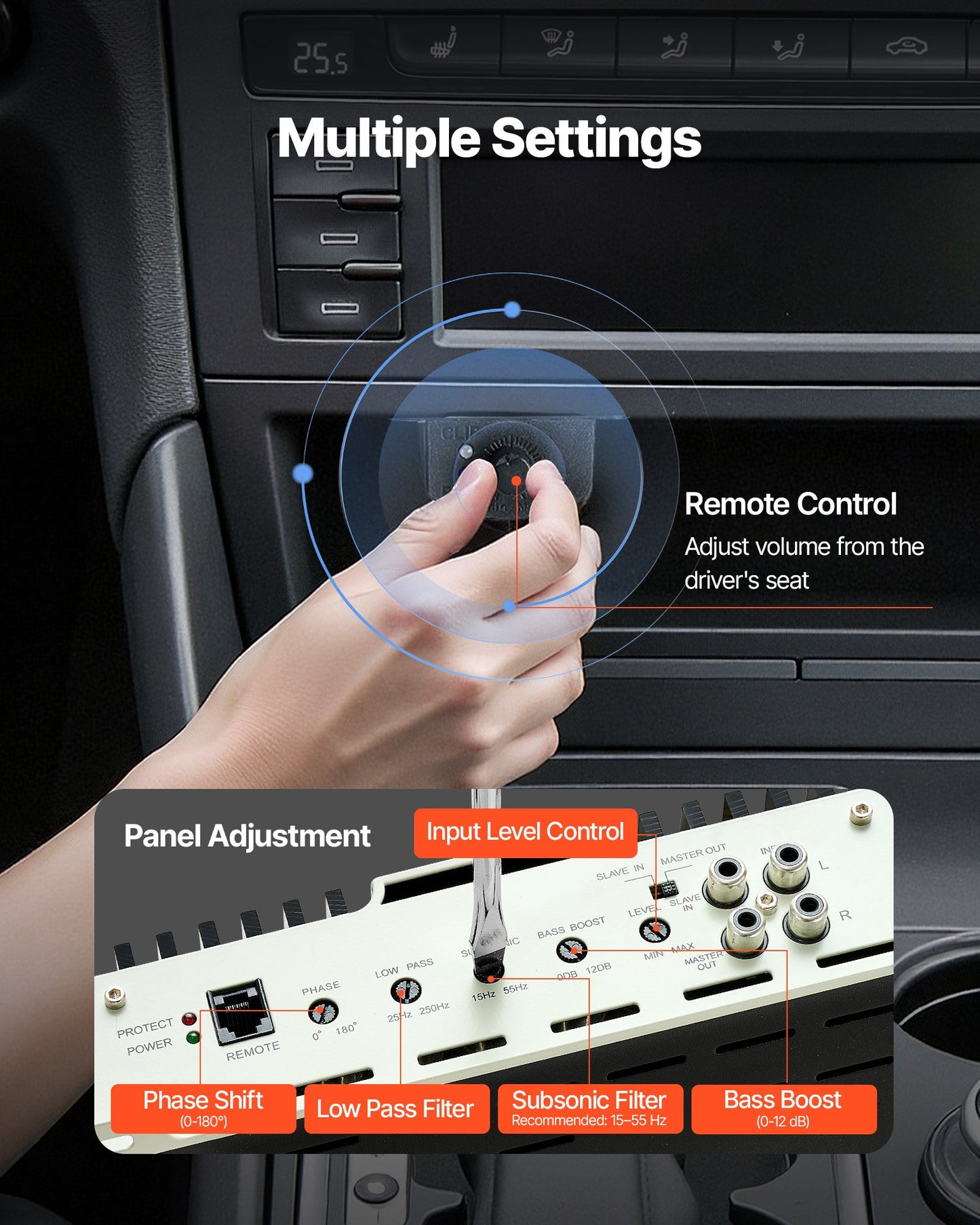 Monoblock Car Amplifier, 400W RMS MAX, 1/2/4 Ohm Stable, 1-Channel Class D Car Audio Amplifier with Remote Subwoofer Level Control, Low Pass Filter, Bass Boost & Phase Shift, Volume Controller