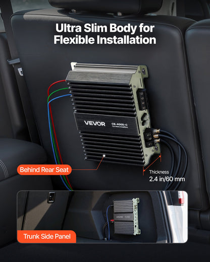 Monoblock Car Amplifier, 400W RMS MAX, 1/2/4 Ohm Stable, 1-Channel Class D Car Audio Amplifier with Remote Subwoofer Level Control, Low Pass Filter, Bass Boost & Phase Shift, Volume Controller