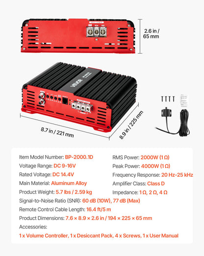 Monoblock Car Amplifier, 2000W RMS MAX, 1/2/4 Ohm Stable, 1-Channel Class D Car Audio Amplifier with Remote Subwoofer Level Control, Low Pass Filter and Bass Boost, Volume Controller Included