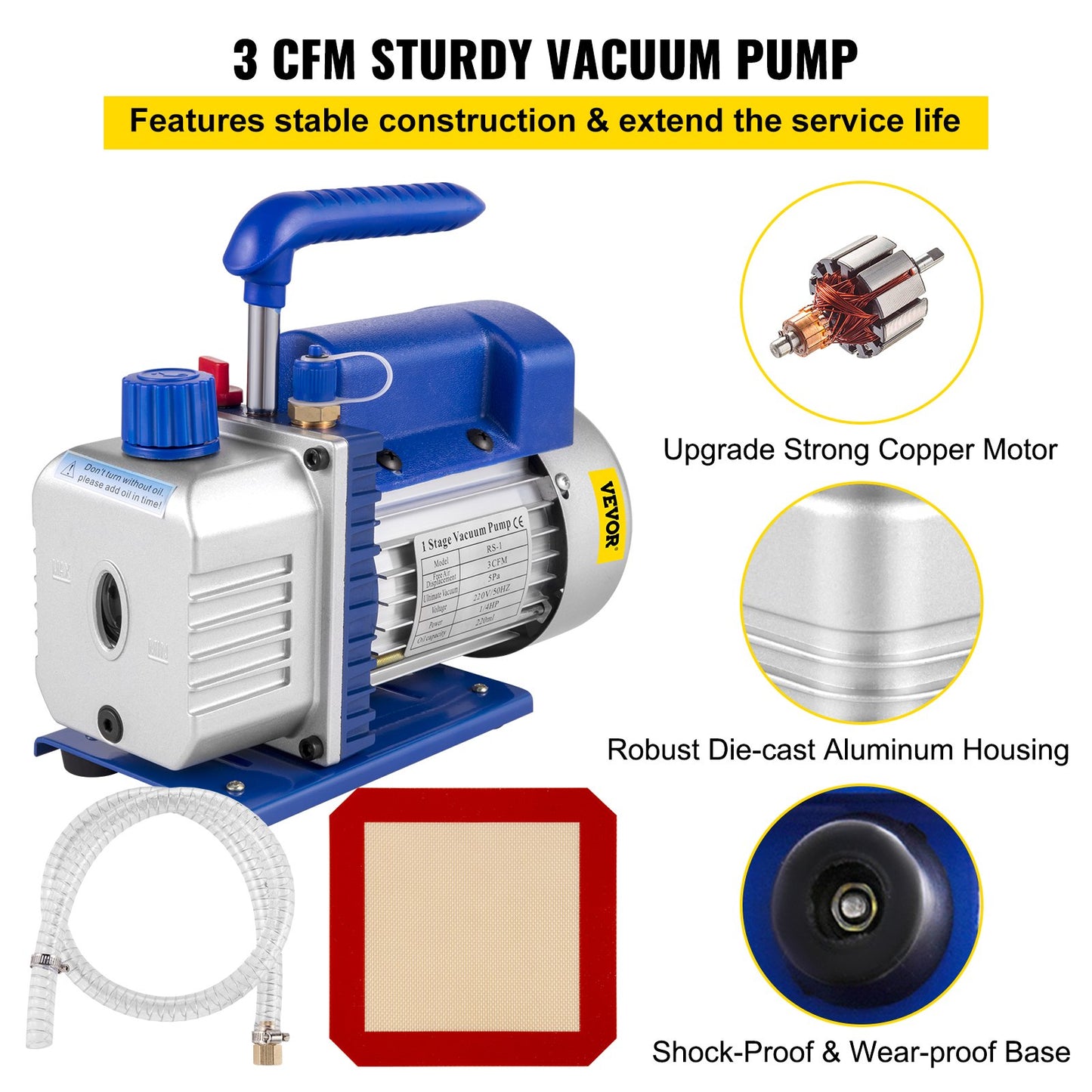 3 CFM 1/4HP enstegsvakuumpump, 3 gallon (13 liter) vakuumkammarsats, HVAC A/C-kylsats