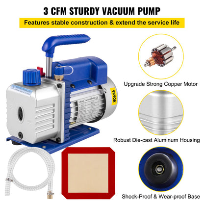 3 CFM 1/4HP enstegsvakuumpump, 3 gallon (13 liter) vakuumkammarsats, HVAC A/C-kylsats