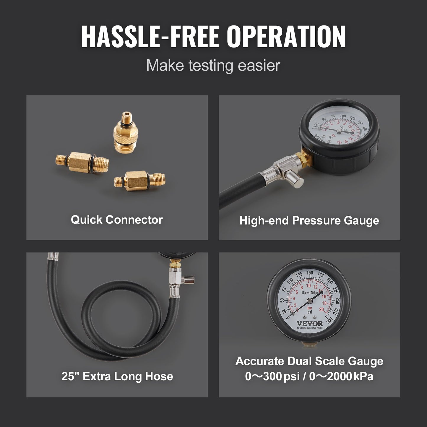 Adaptersats för kompressionstestare, 9 delar läckagetest av kompression i bilmotorcylindrar, noggrann tryckmätare med dubbla skalor 0-300 psi, med långräcksslangar och hölje för motorcylindrar