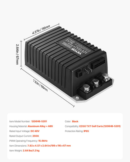 Golfbilshastighetsregulator, 48 volt och 250 ampere, DC-motorstyrenhetsersättning för EZGO TXT golfbilar, IP65-klassat skydd, aluminiumlegering och ABS-hölje, kompatibel med 1206HB-5201-modellerna