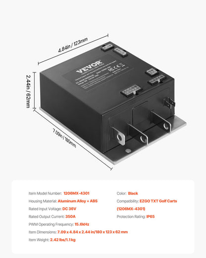 Golfbilshastighetsregulator, 36V 350A, DC-motorregulatorersättning för 2000-2009 EZGO TXT golfbilar, IP65-klassat skydd, aluminiumlegering och ABS-hölje, kompatibel med 1206MX-4301-modeller