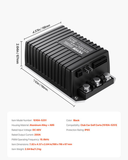 Golfbilshastighetsregulator, 48V och 250A, DC-motorstyrningsenhet för Club Car-golfbilar från 2000-2008, IP65-klassad skyddsklassning, aluminiumlegering och ABS-hölje, kompatibel med 1510A-5251-modellerna