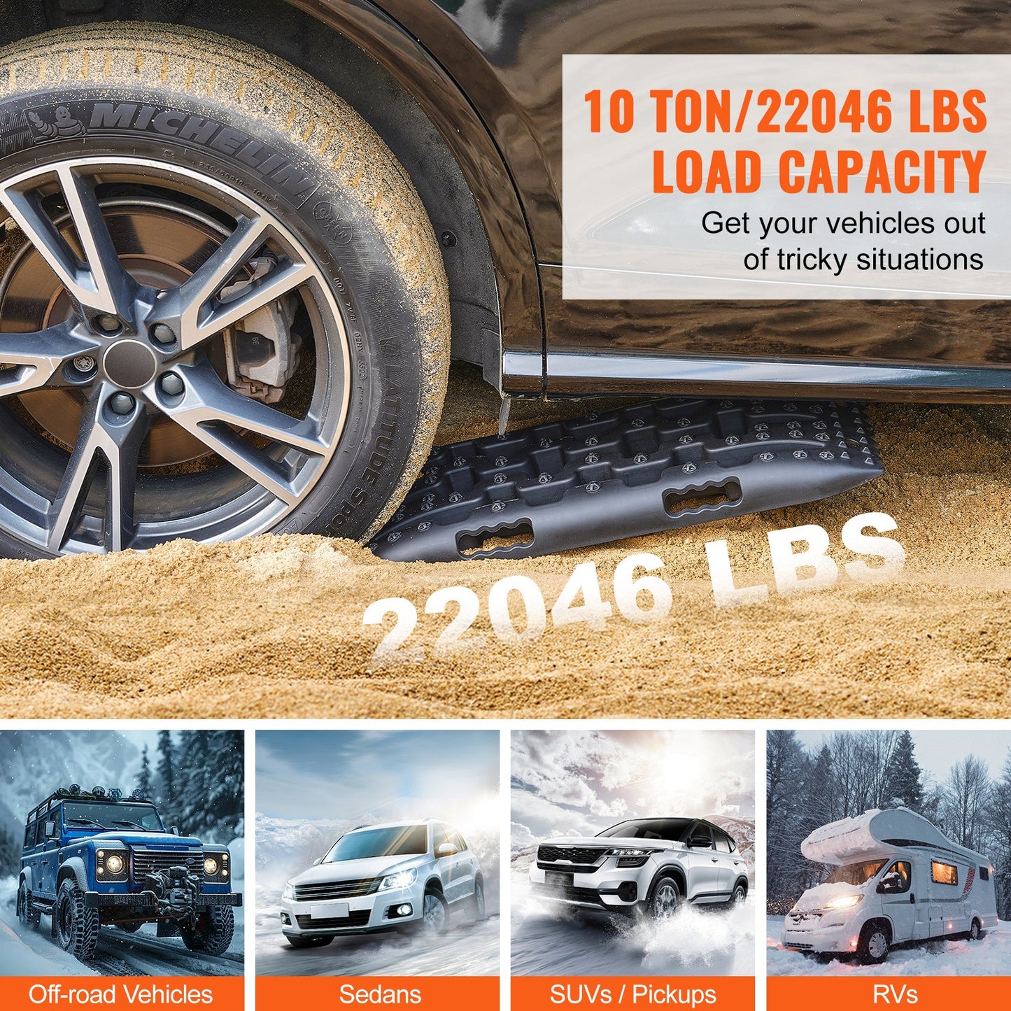 10 tons dragbrädor med PP-material, bärgningsbrädor för terrängfordon/bilar/pickuper/SUV/husbilar, par däckdragningsmattor på snö, sand, lera och lös terräng, förvaringsväska, kort, svart