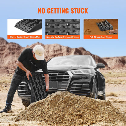 10 tons dragbrädor med PP-material, bärgningsbrädor för terrängfordon/bilar/pickuper/SUV/husbilar, par däckdragningsmattor på snö, sand, lera och lös terräng, förvaringsväska, kort, svart