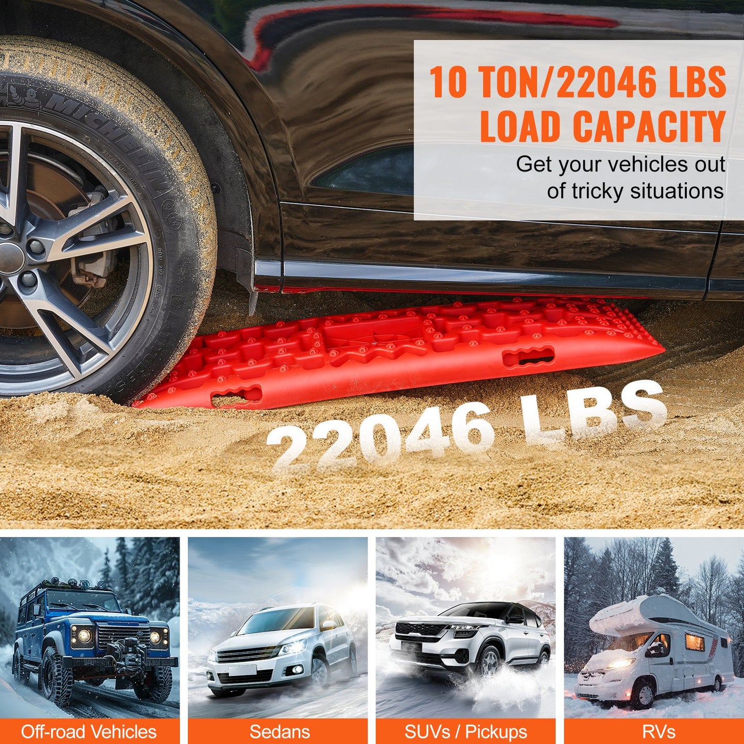 10 tons dragbrädor med PP-material, bärgningsbrädor för terrängfordon/bilar/pickuper/SUV/husbilar, par däckdragningsmattor på snö, sand, lera och lös terräng, förvaringsväska, lång, röd