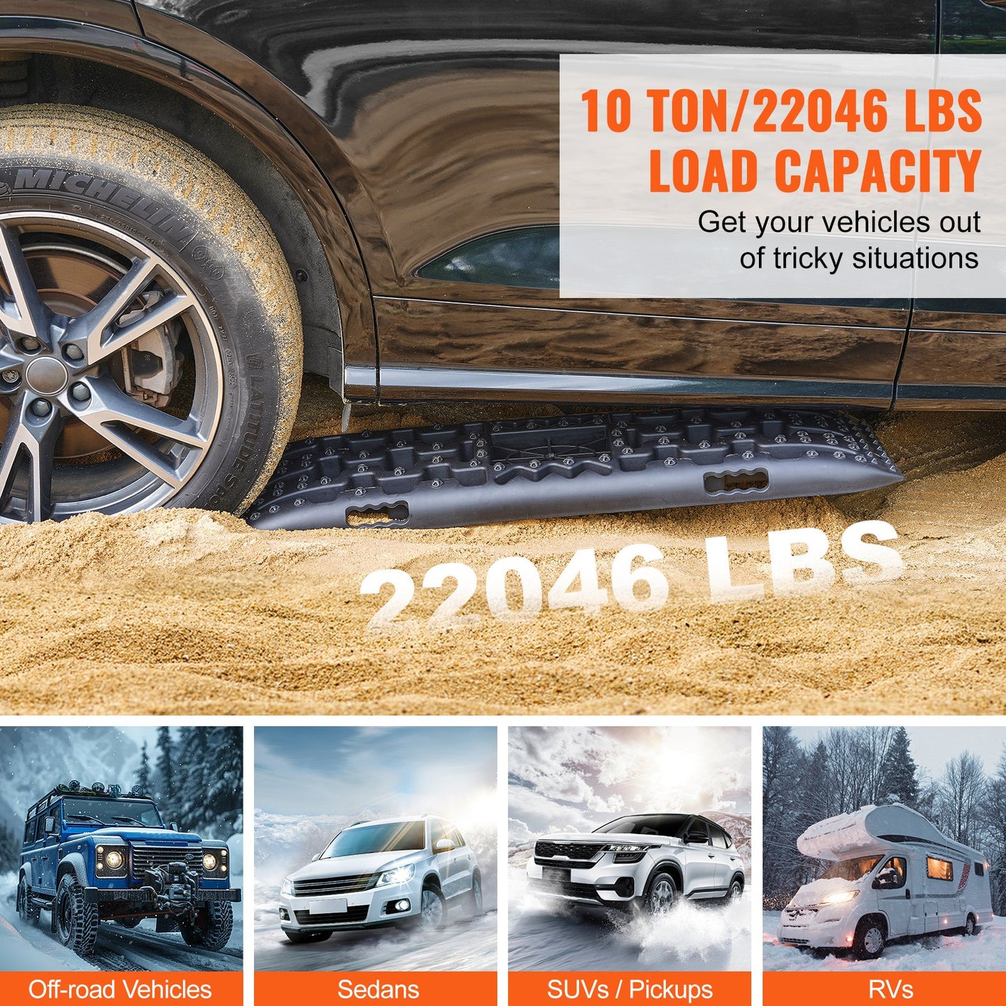 10 tons dragbrädor med PP-material, bärgningsbrädor för terrängfordon/bilar/pickuper/SUV/husbilar, par däckdragningsmattor på snö, sand, lera och lös terräng, förvaringsväska, lång, svart