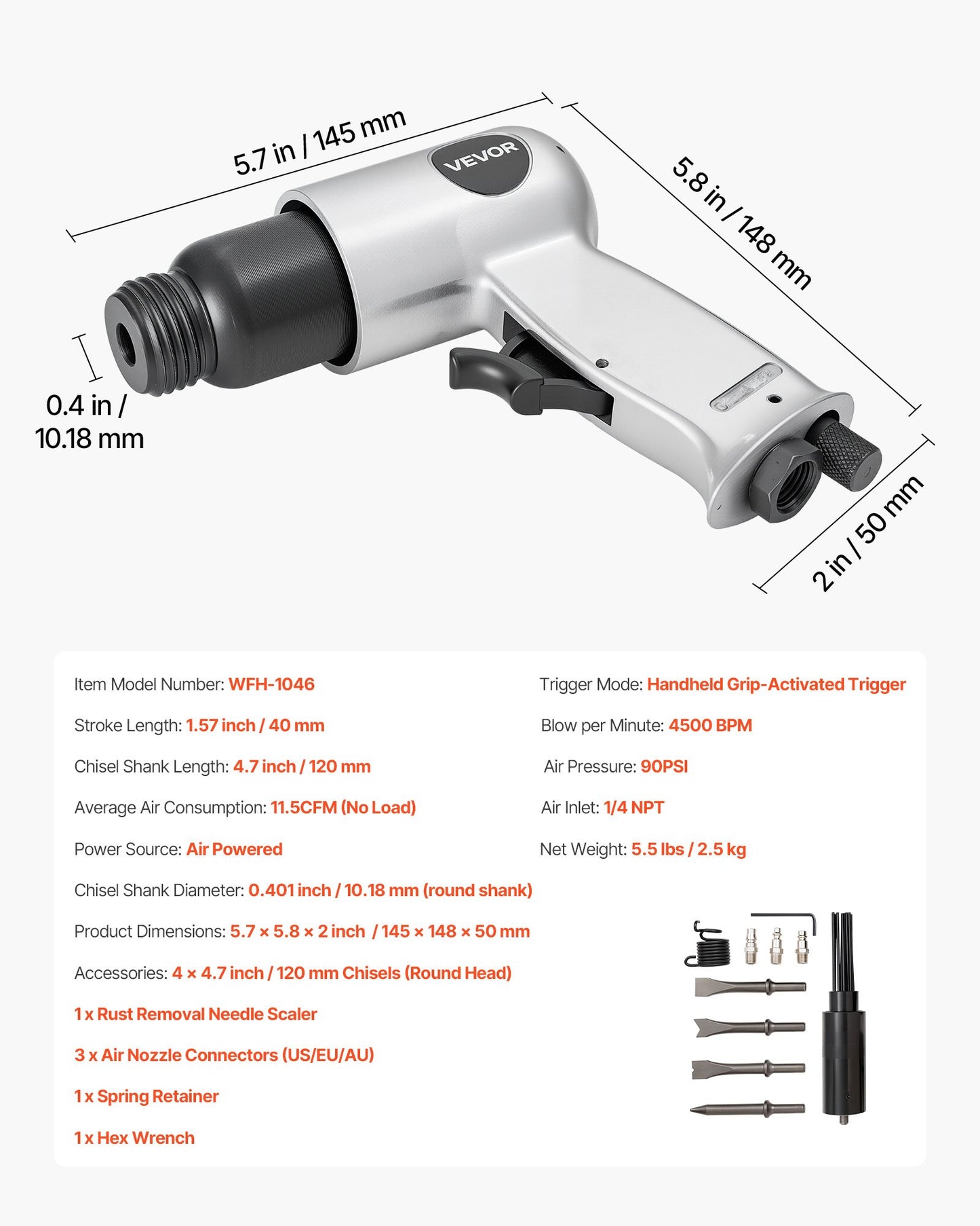 Lufthammare, 4500 slag/min pneumatisk hammare med rostborttagning, luftnålsrensare och 4 stämjärn med runt skaft, lätt och kompakt luftmejsel, pneumatisk spade för skärning, skrapning och rivning