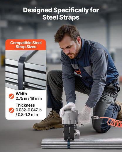 Pneumatisk stålbandningsmaskin, 8500 N spänningskraft, metallbandningsverktyg, spännare och skärförslutare för 19 mm breda metallband, kraftig delad balpress för höghållfasta förpackningar