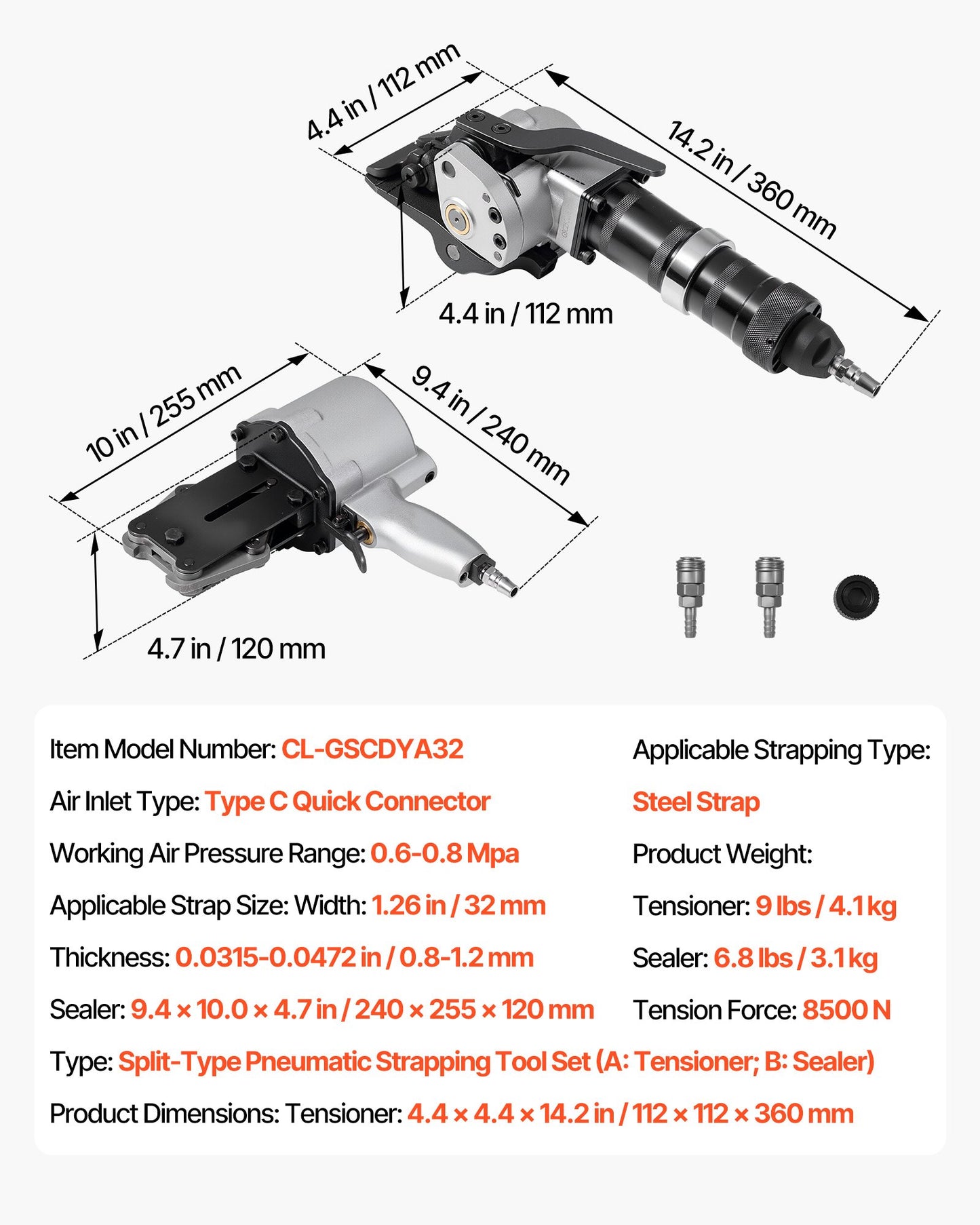 Pneumatisk stålbandningsmaskin, 8500 N spänningskraft, metallbandningsverktyg, spännare och skärförslutare för 32 mm breda metallband, kraftig delad balpress för höghållfast förpackning