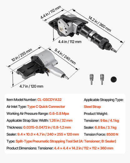 Pneumatisk stålbandningsmaskin, 8500 N spänningskraft, metallbandningsverktyg, spännare och skärförslutare för 32 mm breda metallband, kraftig delad balpress för höghållfast förpackning
