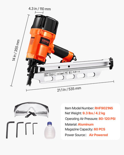 Spikpistol för ramverk, 50 till 90 mm 21 graders pneumatisk spikpistol för ramverk med runt huvud, dubbla avtryckarlägen och verktygslös djupjustering, 80-120PSI Pro luftspikpistol för inramning av golv och altaner