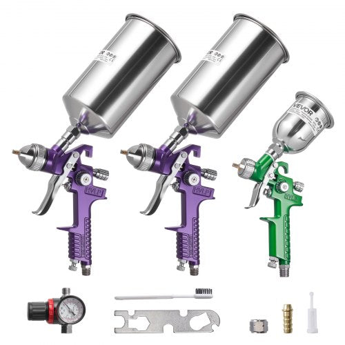3-Piece Air Spray Gun Kit, Professional Auto Paint Spray Gun Set with 3 Nozzles (1/1.4/1.8mm), 3 Cups & Air Regulator, Gravity Feed Automotive Paint Sprayer for Primer, Topcoat & Touch-Up