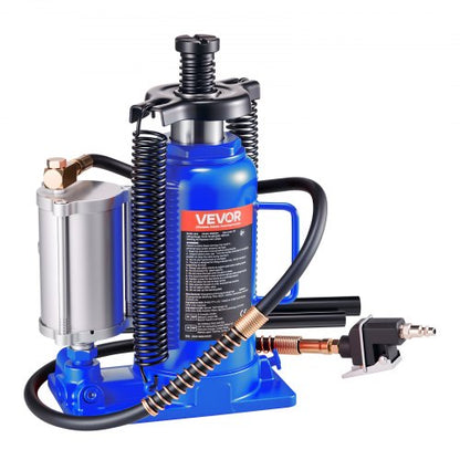 Air Hydraulic Bottle Jack, 20 Ton Load Capacity, 260-495 mm Lifting Range, Pneumatic/Manual Heavy Duty Welded Bottle Jack with Pump for Car, Pickup, Truck, RV, SUV, Auto Repair, House Lift, Blue