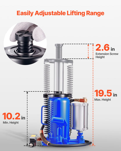 Air Hydraulic Bottle Jack, 20 Ton Load Capacity, 260-495 mm Lifting Range, Pneumatic/Manual Heavy Duty Welded Bottle Jack with Pump for Car, Pickup, Truck, RV, SUV, Auto Repair, House Lift, Blue