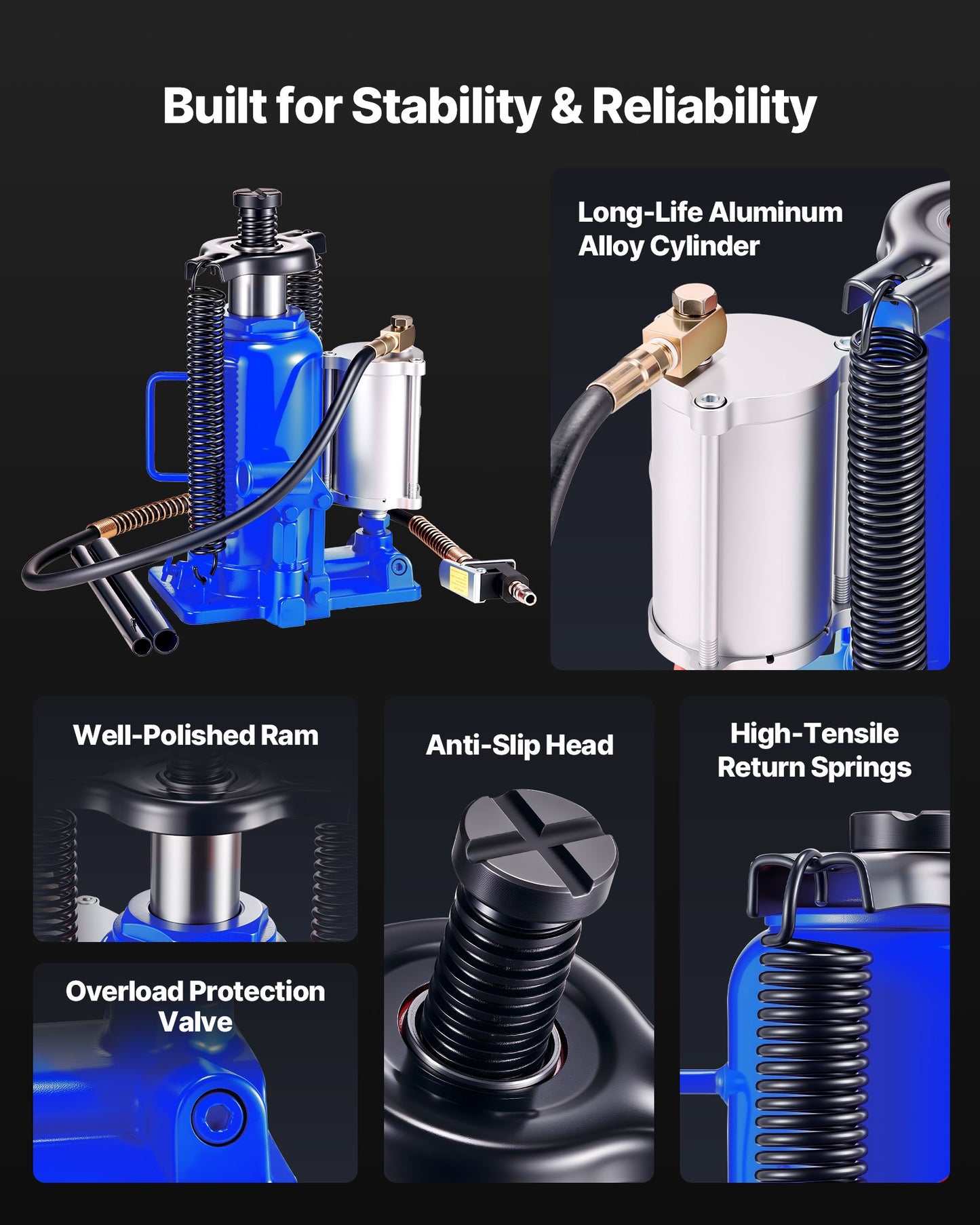 Air Hydraulic Bottle Jack, 20 Ton Load Capacity, 260-495 mm Lifting Range, Pneumatic/Manual Heavy Duty Welded Bottle Jack with Pump for Car, Pickup, Truck, RV, SUV, Auto Repair, House Lift, Blue