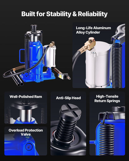 Air Hydraulic Bottle Jack, 20 Ton Load Capacity, 260-495 mm Lifting Range, Pneumatic/Manual Heavy Duty Welded Bottle Jack with Pump for Car, Pickup, Truck, RV, SUV, Auto Repair, House Lift, Blue