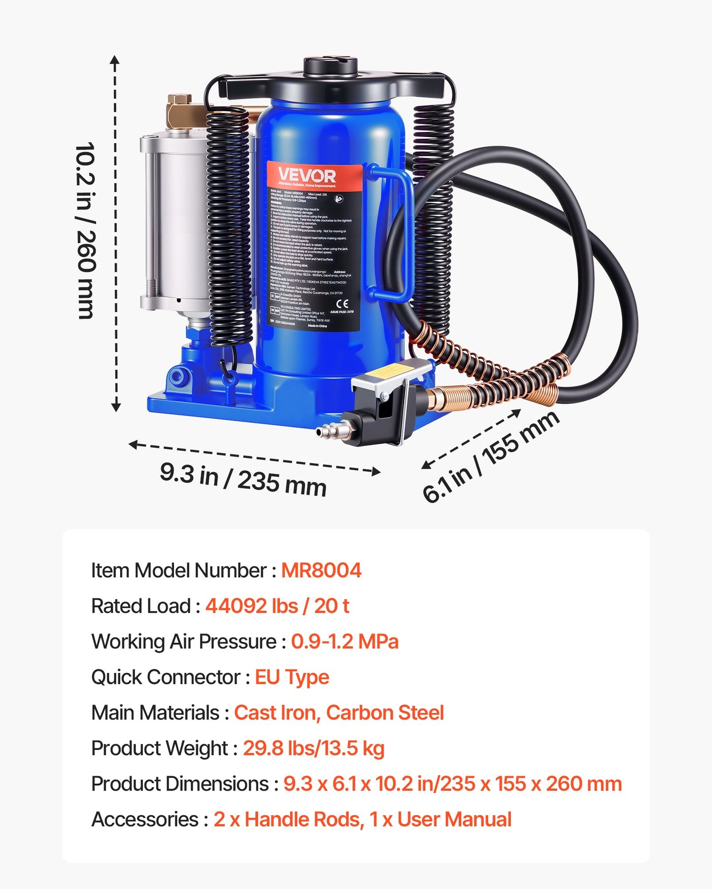 Air Hydraulic Bottle Jack, 20 Ton Load Capacity, 260-495 mm Lifting Range, Pneumatic/Manual Heavy Duty Welded Bottle Jack with Pump for Car, Pickup, Truck, RV, SUV, Auto Repair, House Lift, Blue